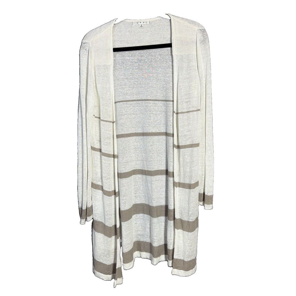 CAbi Cream & Taupe Bon Voyage Riviera Linen Blend Duster Cardigan Size M